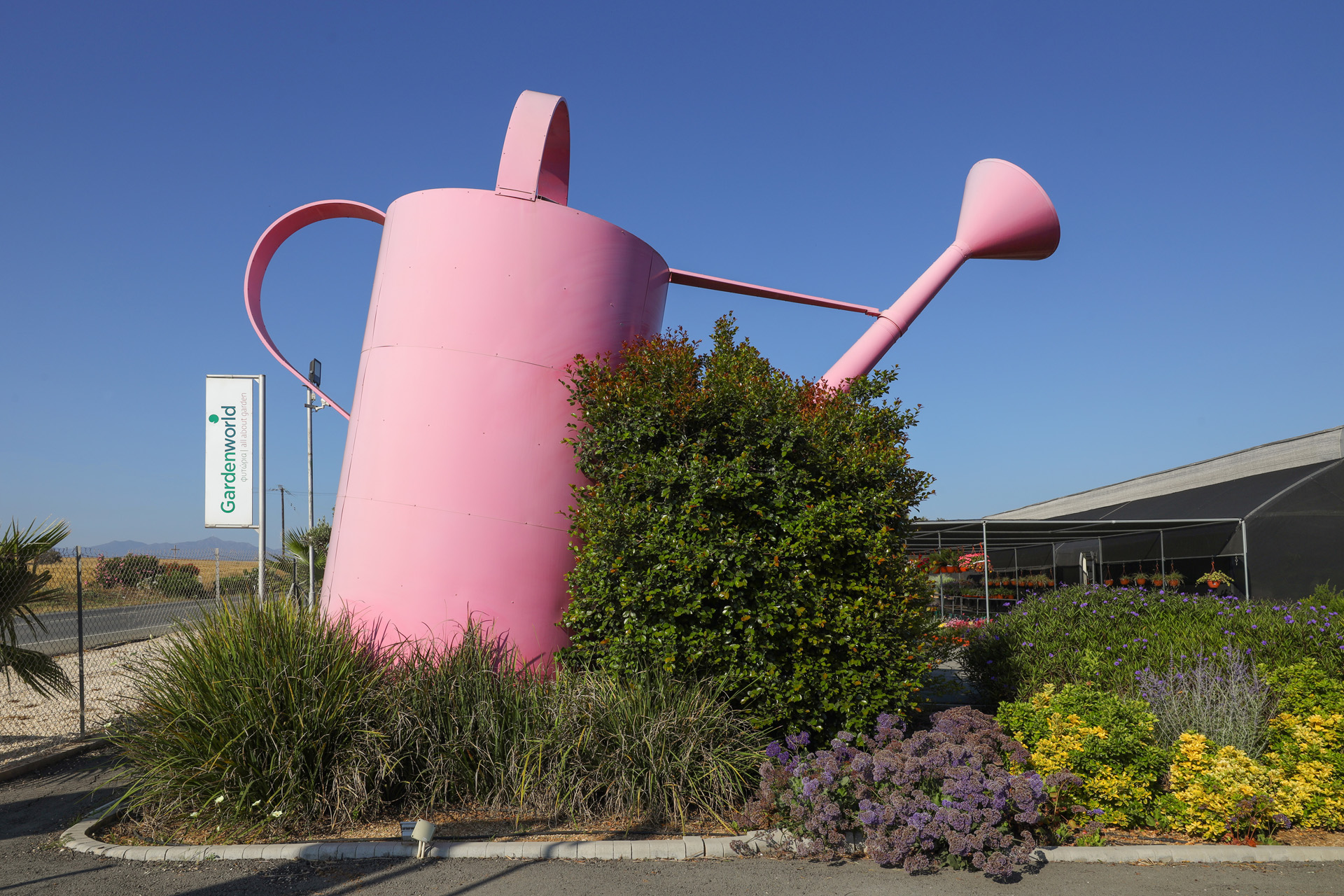 Garden World nursery with its giant pink watering can